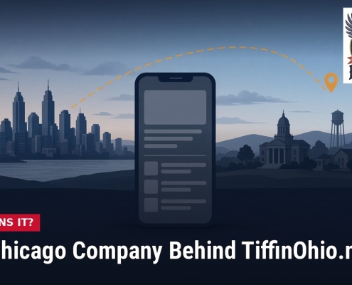 Fostoria News Illustration of a smartphone with Chicago skyline in background for TiffinOhio.net.